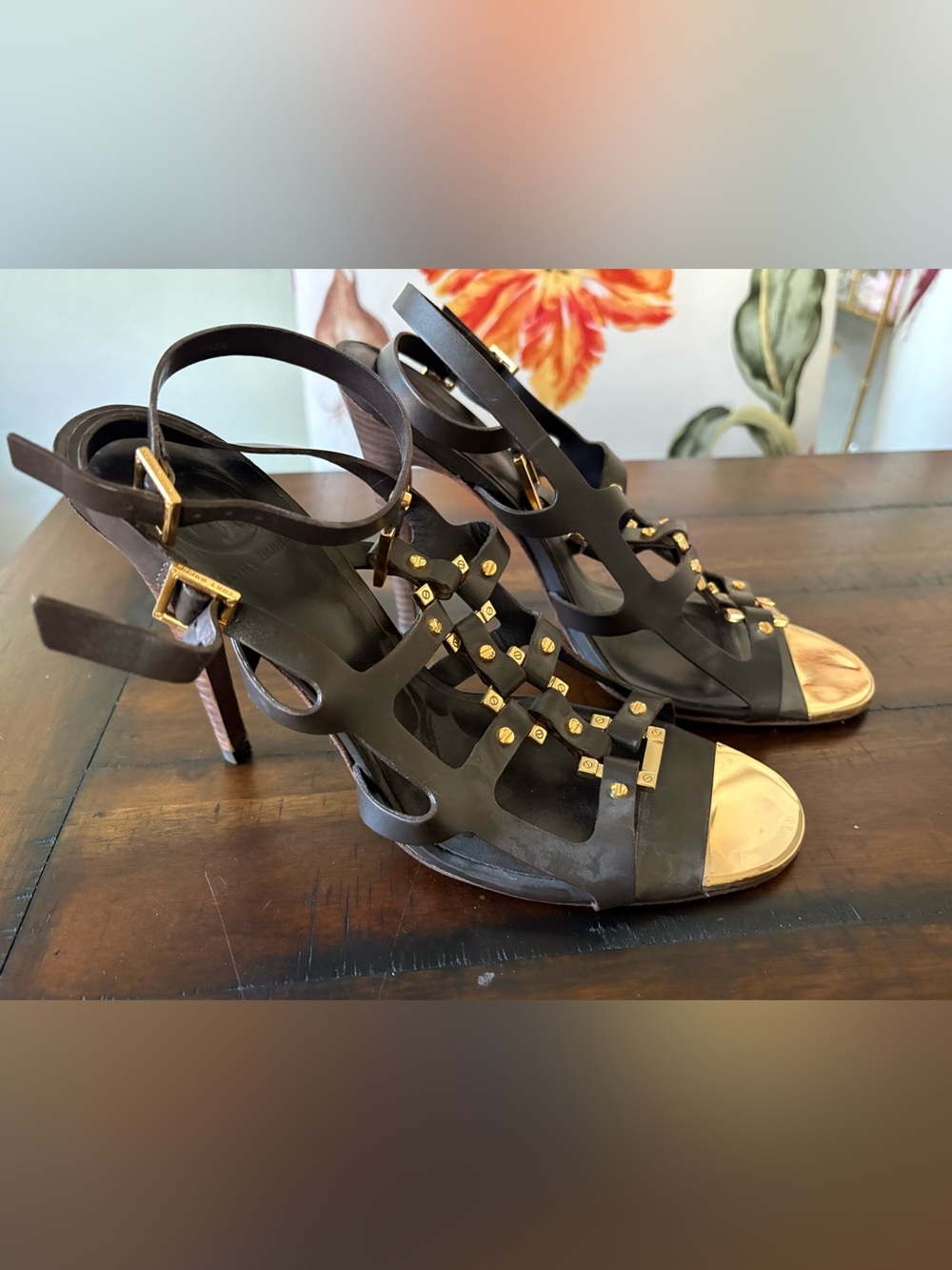 Tory Burch Dark Brown Cutout Studded High Heel Sandals with Gold Accents